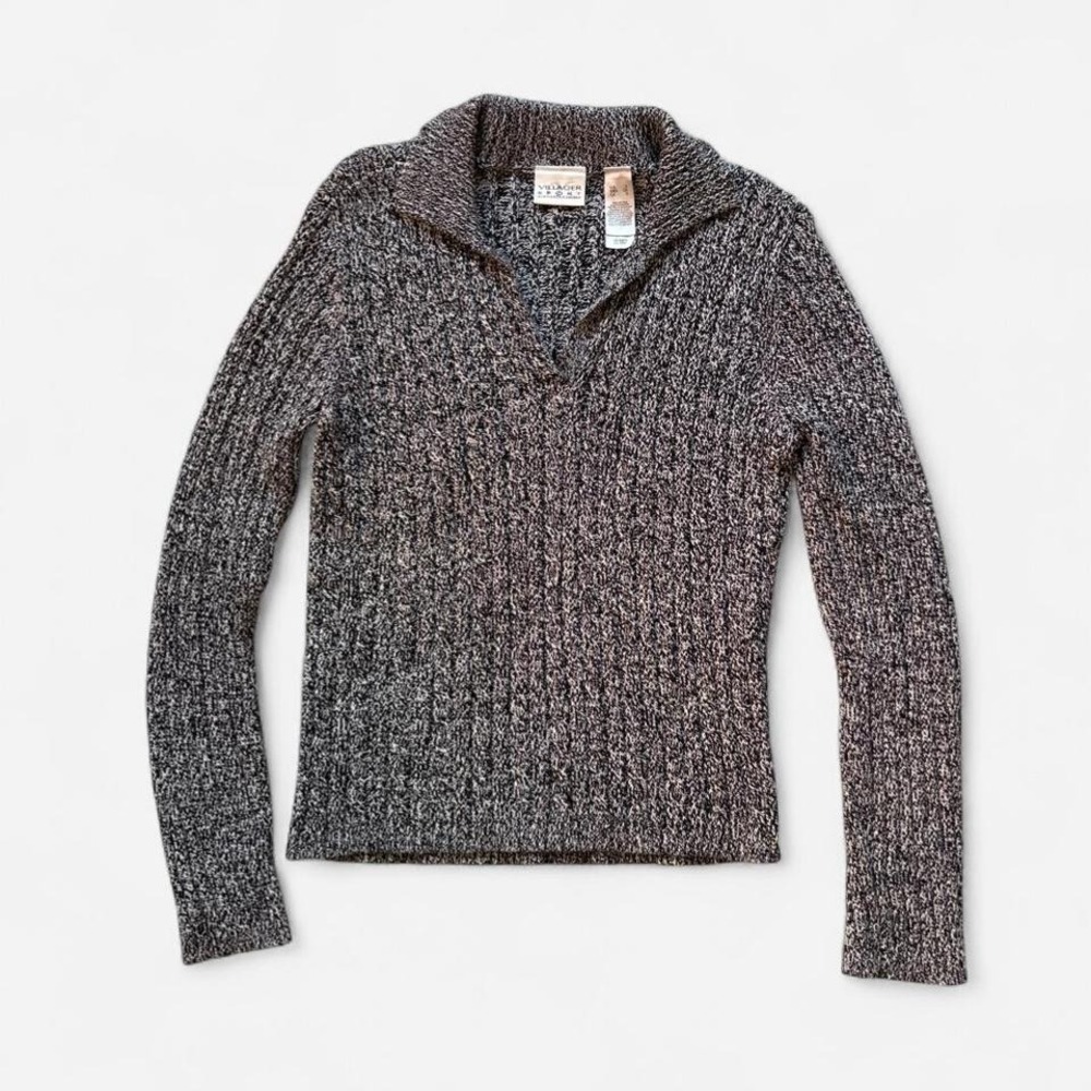 Villager Sport Sweater Y2K Vintage Collared Grey Black‎ White Marl Women Small S